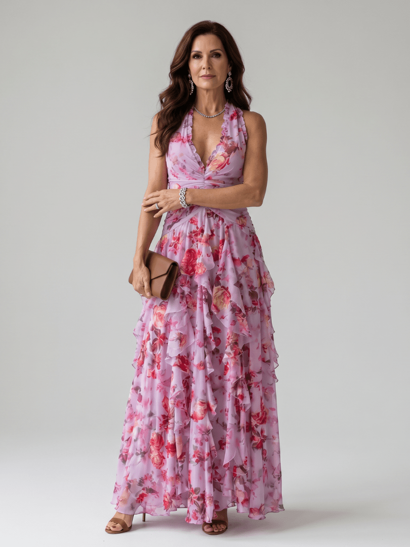 Nori | Vestido Maxi Floral con Escote Halter y Corpiño Fruncido - SC