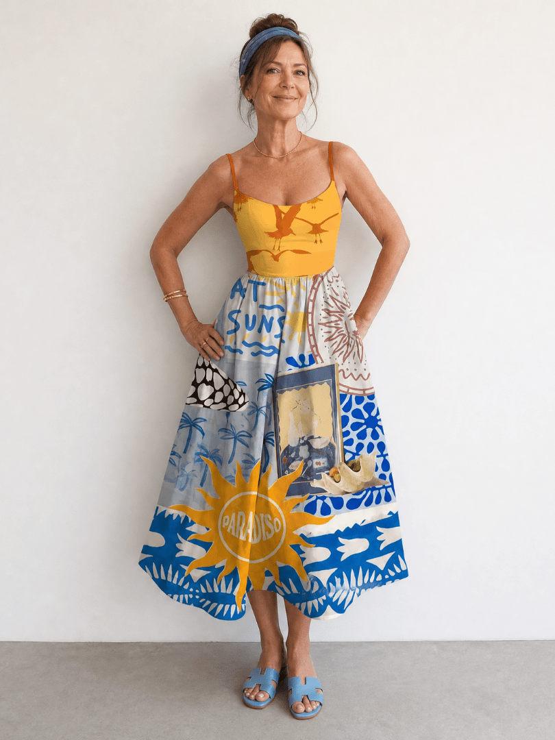 Zarman | Vestido Midi sin Mangas de Estampado Costero - SC