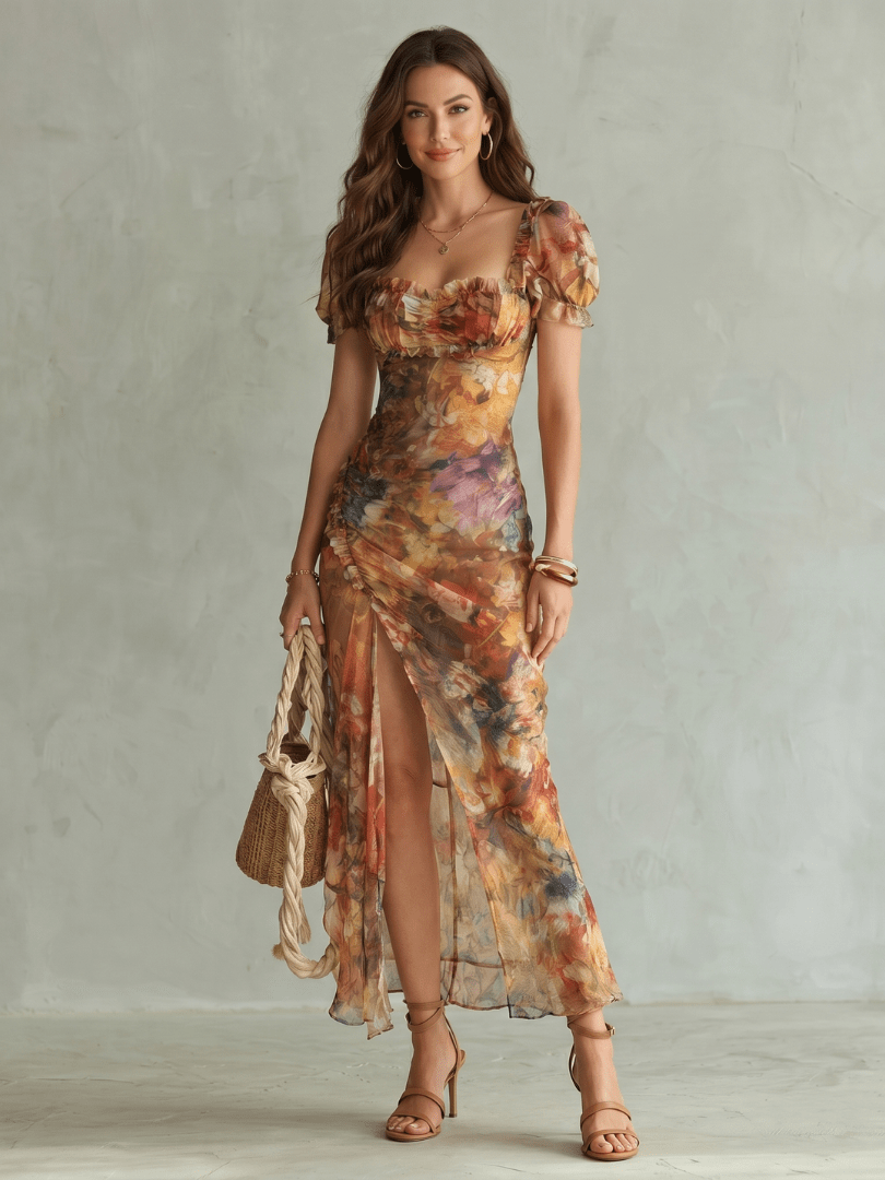 Ciel | Vestido Midi con Mangas Fruncidas y Abertura - SC