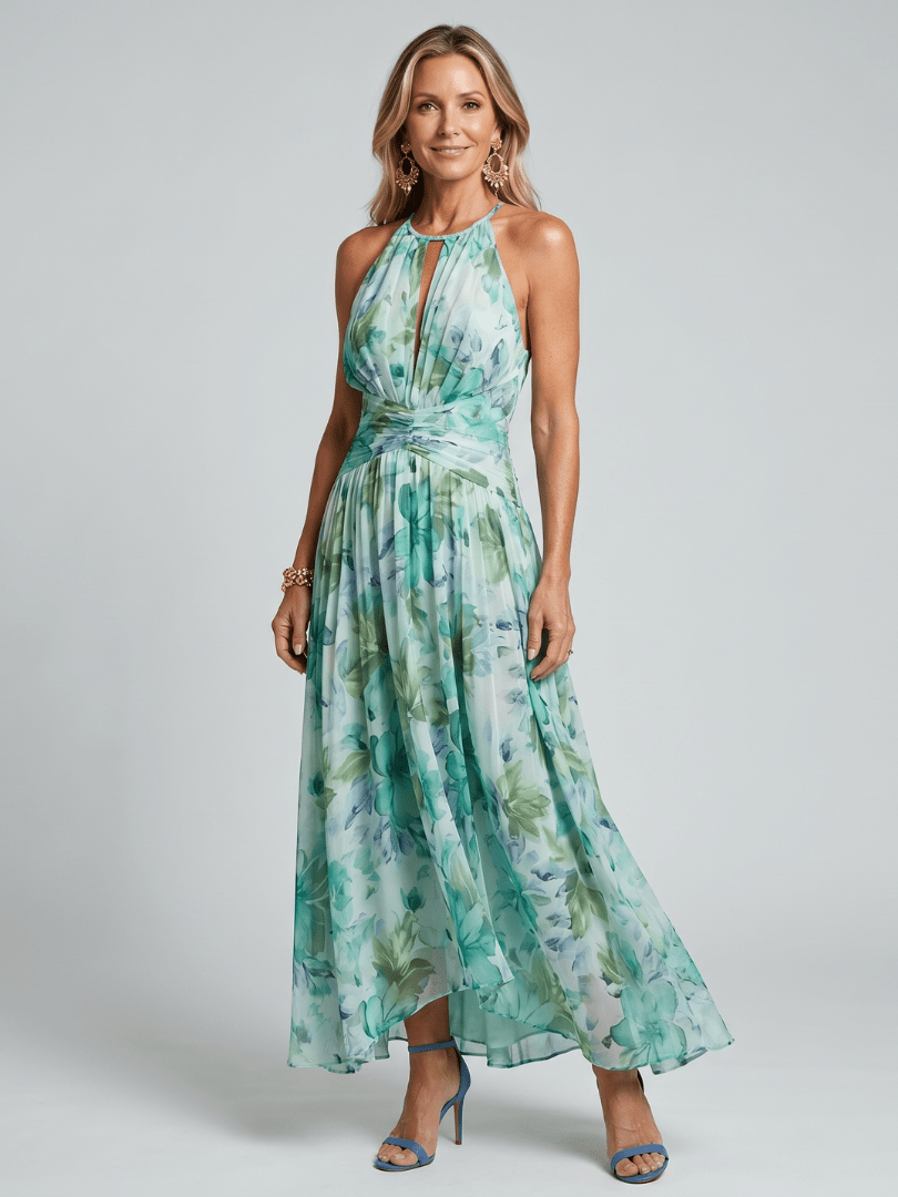 Portia | Vestido Midi Plisado con Escote Halter - SC