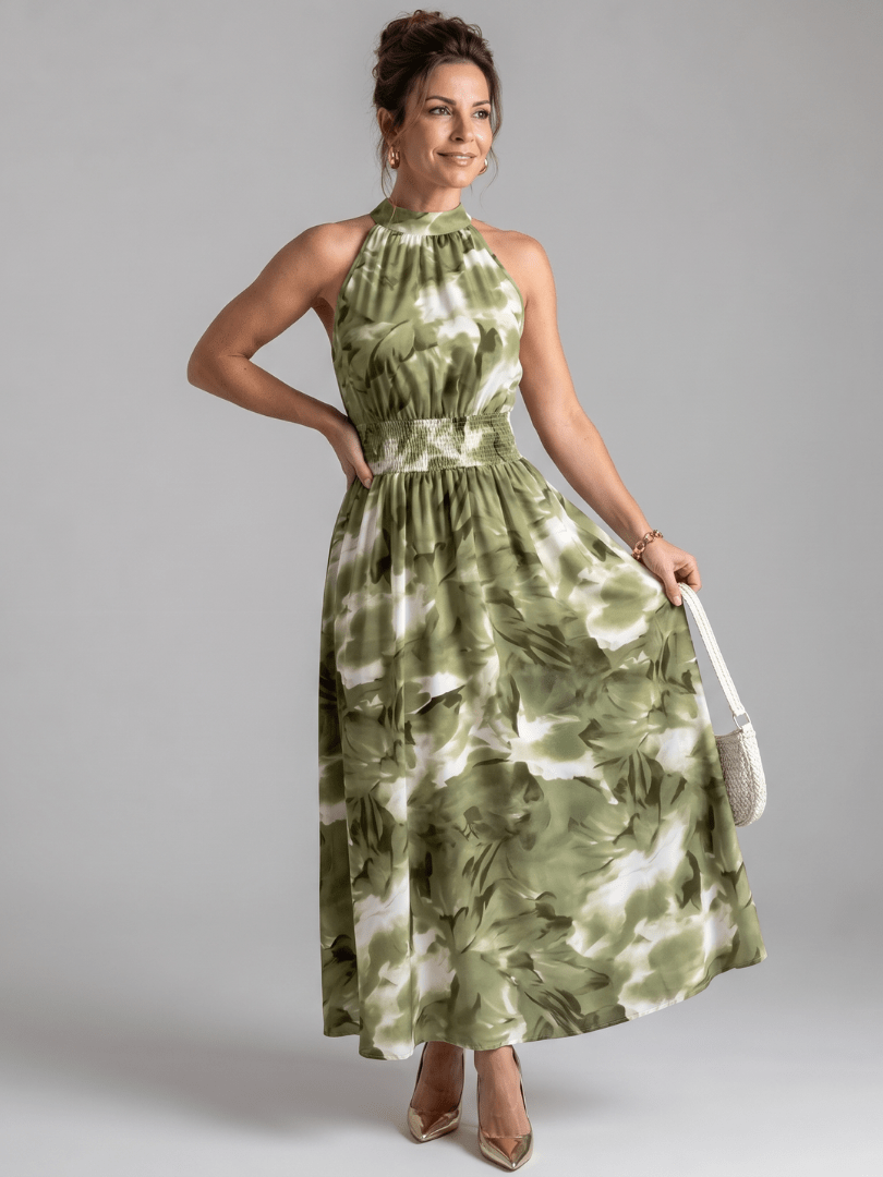 Olivia | Vestido Midi de Cintura Fruncida con Estampado Abstracto - SC