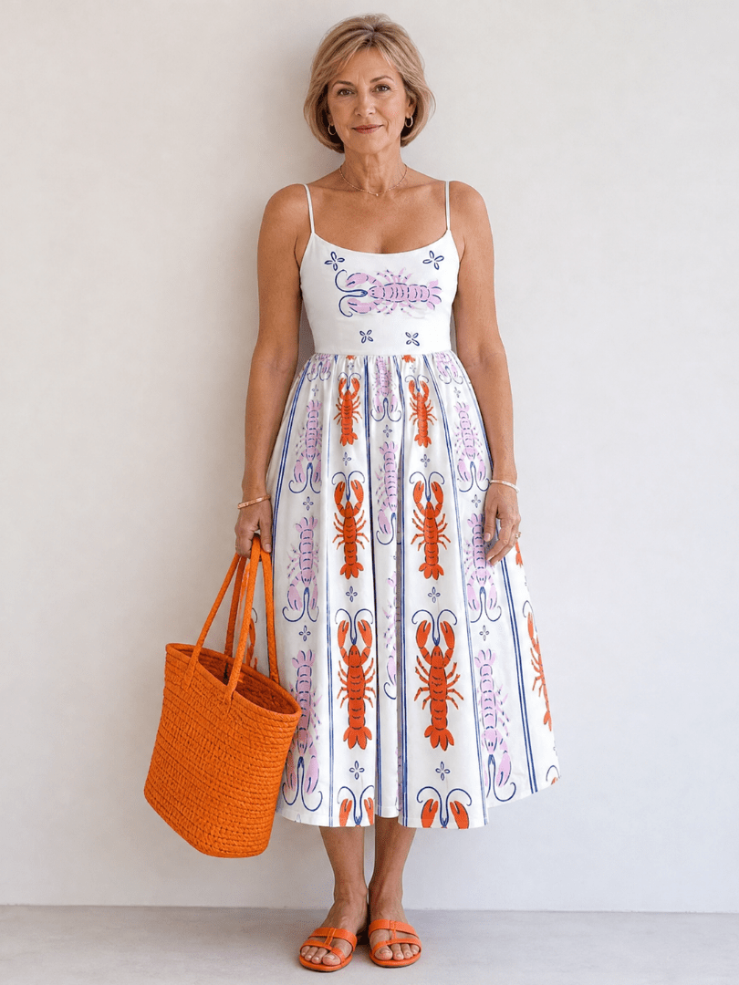 Coralyse | Vestido Midi sin Mangas con Estampado de Langosta - SC