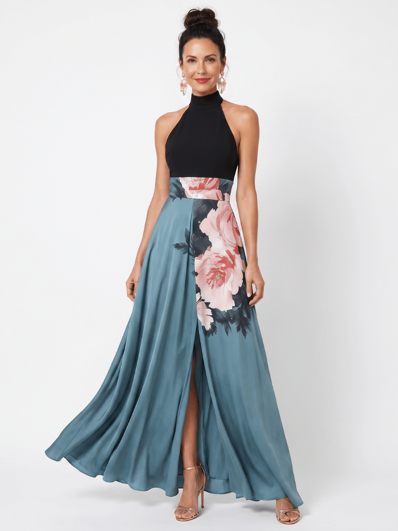 Olympas | Vestido Maxi con Cuello Halter y Falda Floral - SC