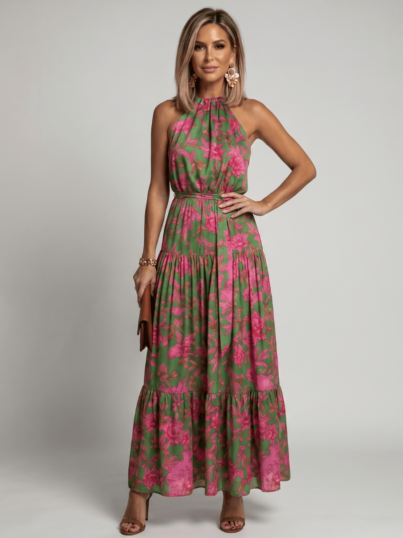 Rowen | Vestido Midi Drapeado con Escote Halter - SC