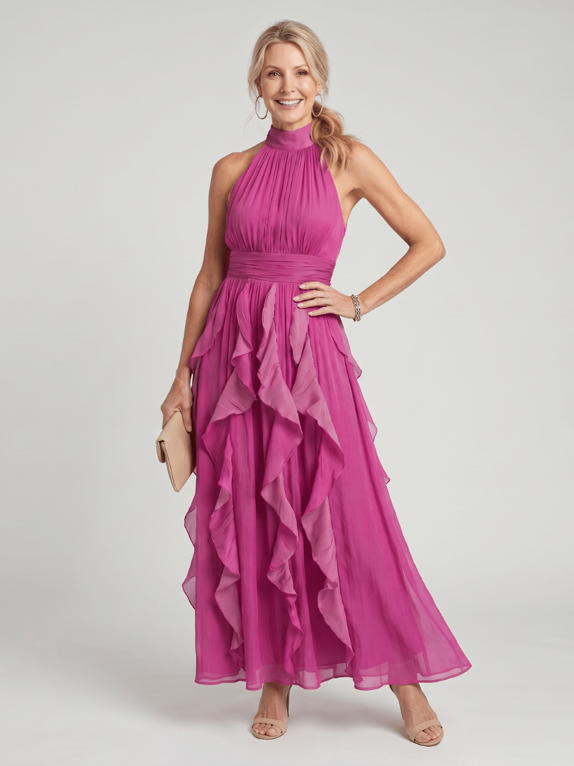 Orea | Vestido Maxi de Cuello Alto con Capas de Volantes Fruncidos - SC