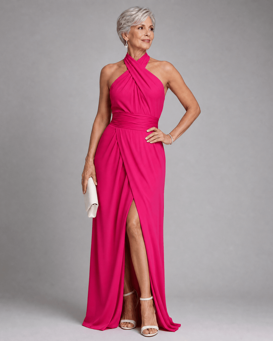 Velora | Vestido Midi con Cuello Halter Cruzado - SC