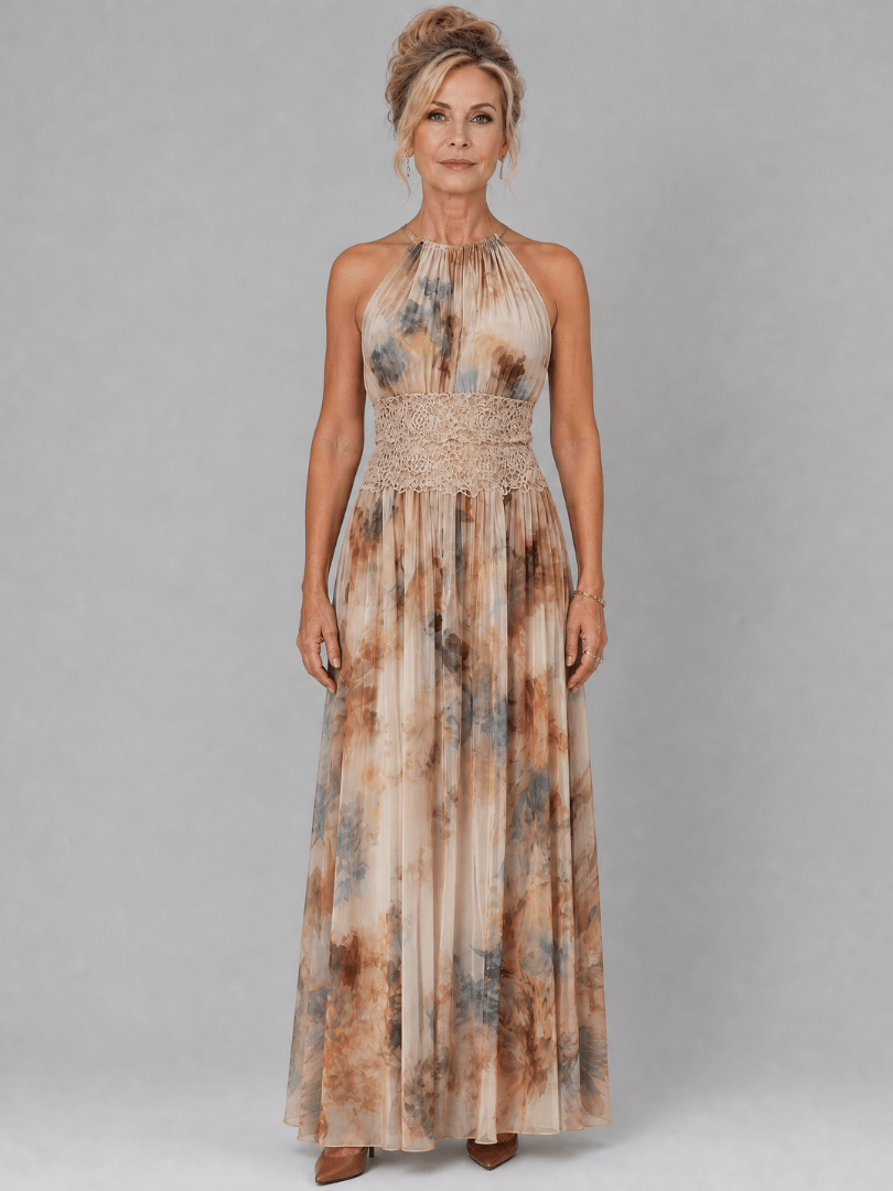 Elavenue | Vestido Maxi con Escote Halter y Cintura de Encaje - SC