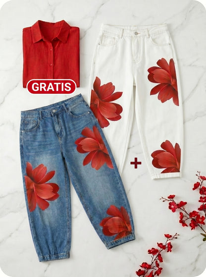 PACK FLORA COLORS | Juego de Jeans Azules y Jeans Blancos + Camisa GRATIS - SC